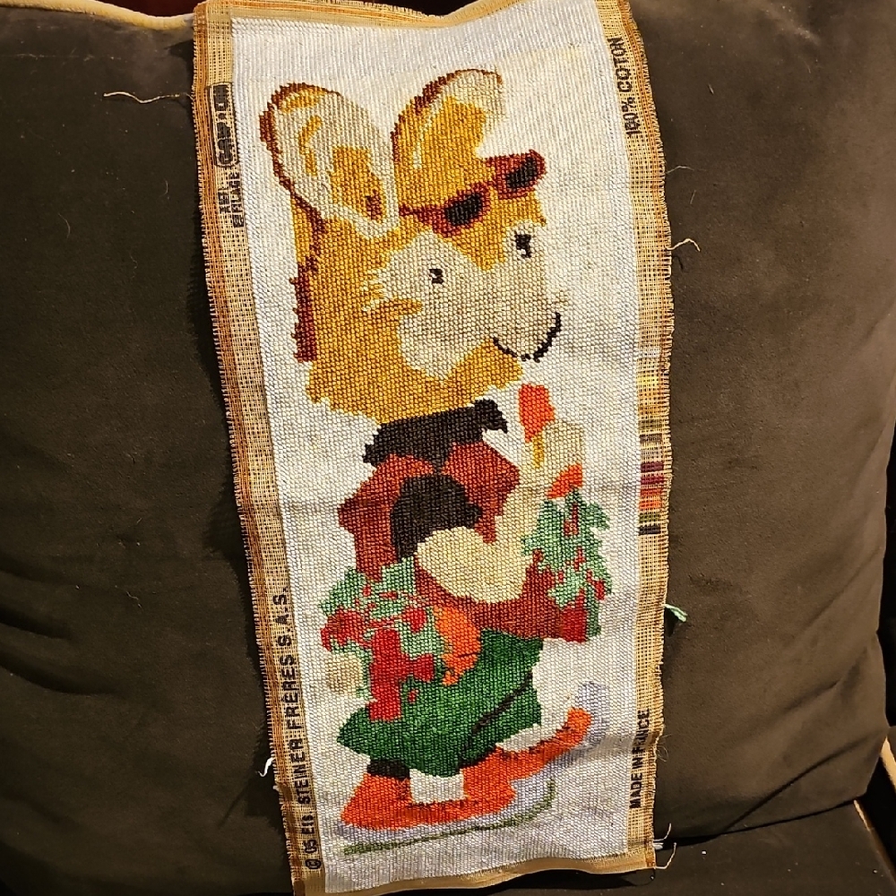 VINTAGE handmade Tapestry Rabbit Embroidery Baby Room Needlepoint Bunny Decor